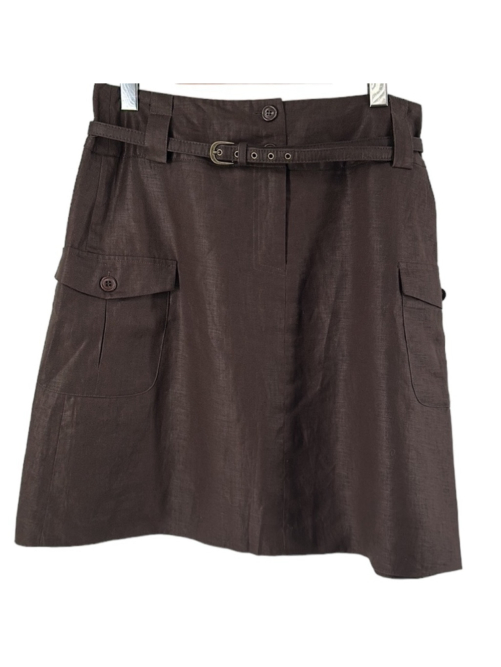 Alexandra Bartlett skirt linen brown sheen belt luxury minimalist career sz 6